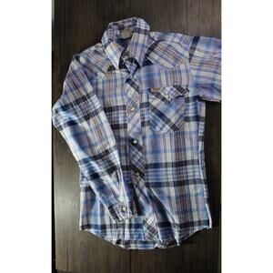 VTG Wrangler blue pastel plaid long sleeve pearl snap western shirt 12 pearly